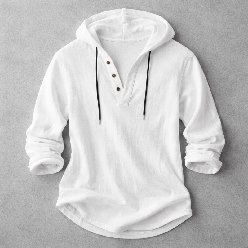 Casual Pullover Shirt with Drawcord Hood and Button Placket — Allyours Closet (view 5)