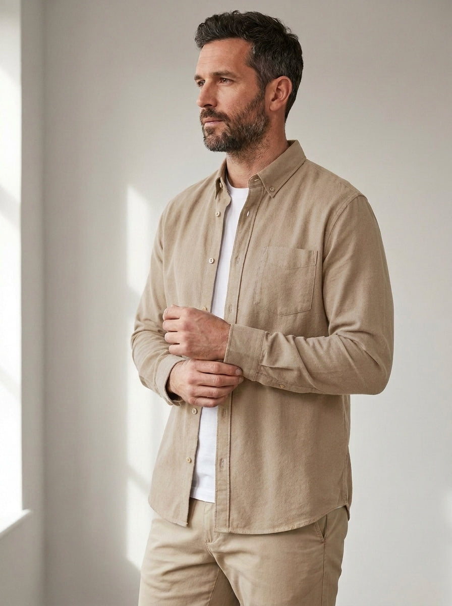 Casual Button-Down Shirt — Relaxed Fit in Beige — angle view