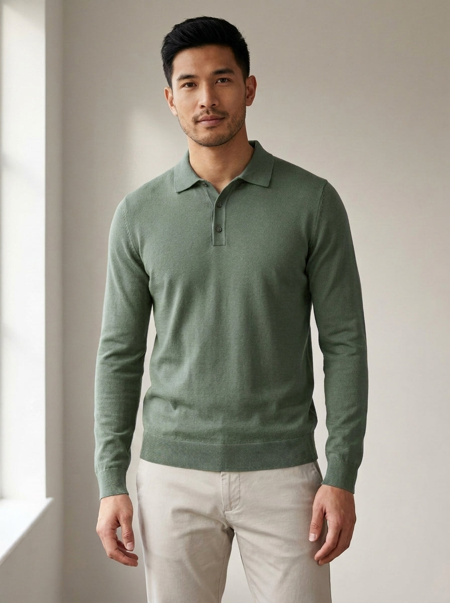 Long Sleeve Knit Polo Shirt in Green
