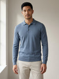 long sleeve fine-gauge knit polo shirt in dusty blue — front view