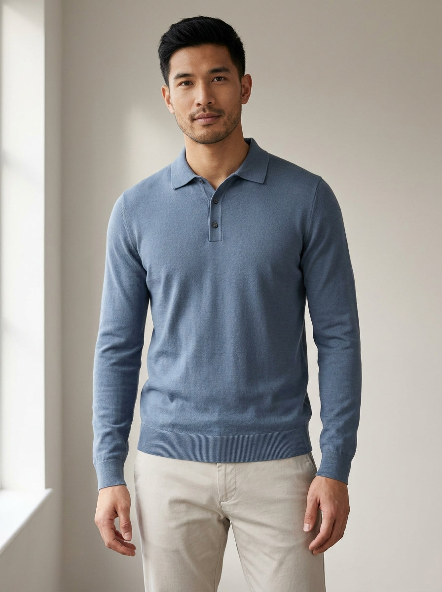 long sleeve fine-gauge knit polo shirt in dusty blue — front view