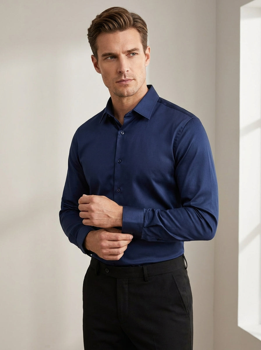 slim fit satin-feel stretch dress shirt in deep navy with subtle low sheen — angle view
