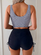 Women's 2 Piece High Waisted Tankini Swimsuit, Striped Twist Front Bikini Set with Tie Side Bottoms, Navy Blue & White
