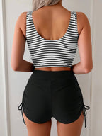 Women's 2 Piece High Waisted Tankini Swimsuit, Striped Twist Front Bikini Set with Tie Side Bottoms, Navy Blue & White