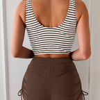 Women's 2 Piece High Waisted Tankini Swimsuit, Striped Twist Front Bikini Set with Tie Side Bottoms, Navy Blue & White