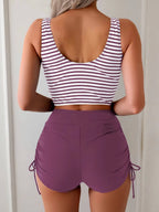Women's 2 Piece High Waisted Tankini Swimsuit, Striped Twist Front Bikini Set with Tie Side Bottoms, Navy Blue & White