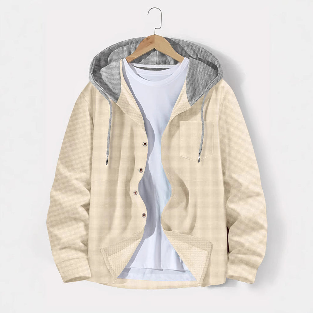 Men's Ribbed Knit Hooded Shirt with Button Front and Chest Pocket — Allyours Closet (view 7)