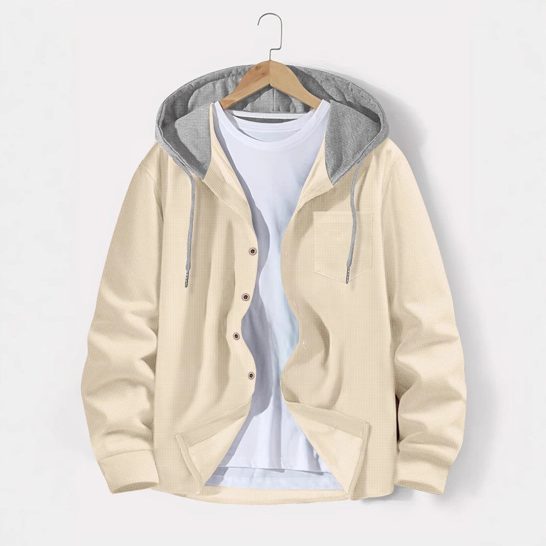 Men's Ribbed Knit Hooded Shirt with Button Front and Chest Pocket — Allyours Closet (view 7)