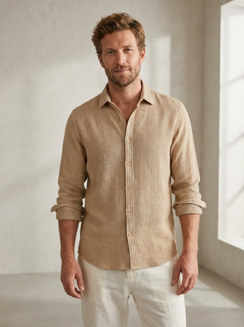 relaxed fit linen long sleeve shirt in warm beige — front view