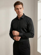 Slim Fit Satin-Stretch Shirt in Black — angle view