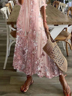 Lace Floral Print V-Neck Everyday Loose Half Sleeves Maxi Dress
