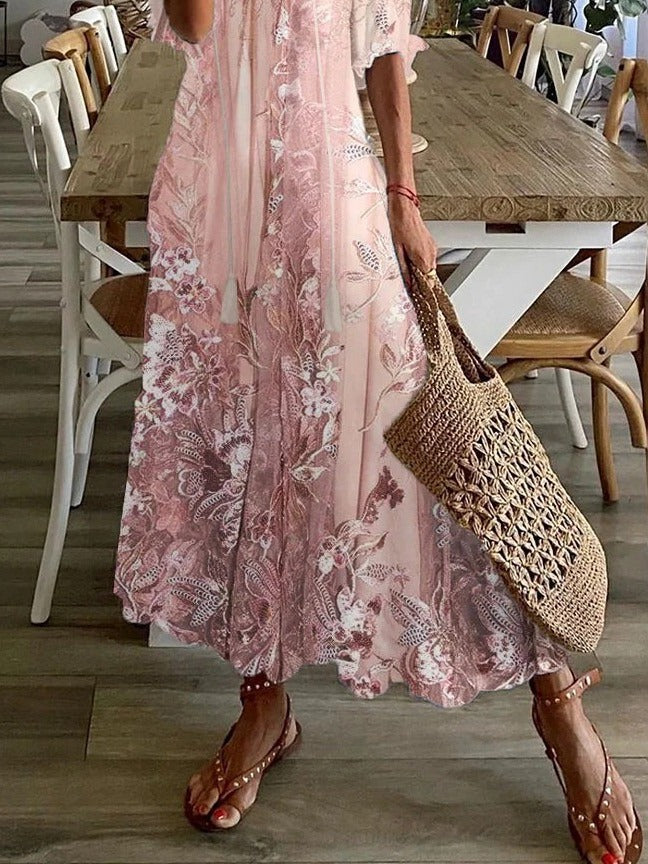 Lace Floral Print V-Neck Everyday Loose Half Sleeves Maxi Dress