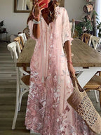 Lace Floral Print V-Neck Everyday Loose Half Sleeves Maxi Dress