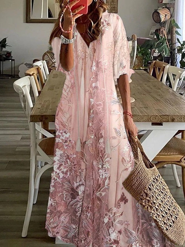 Lace Floral Print V-Neck Everyday Loose Half Sleeves Maxi Dress