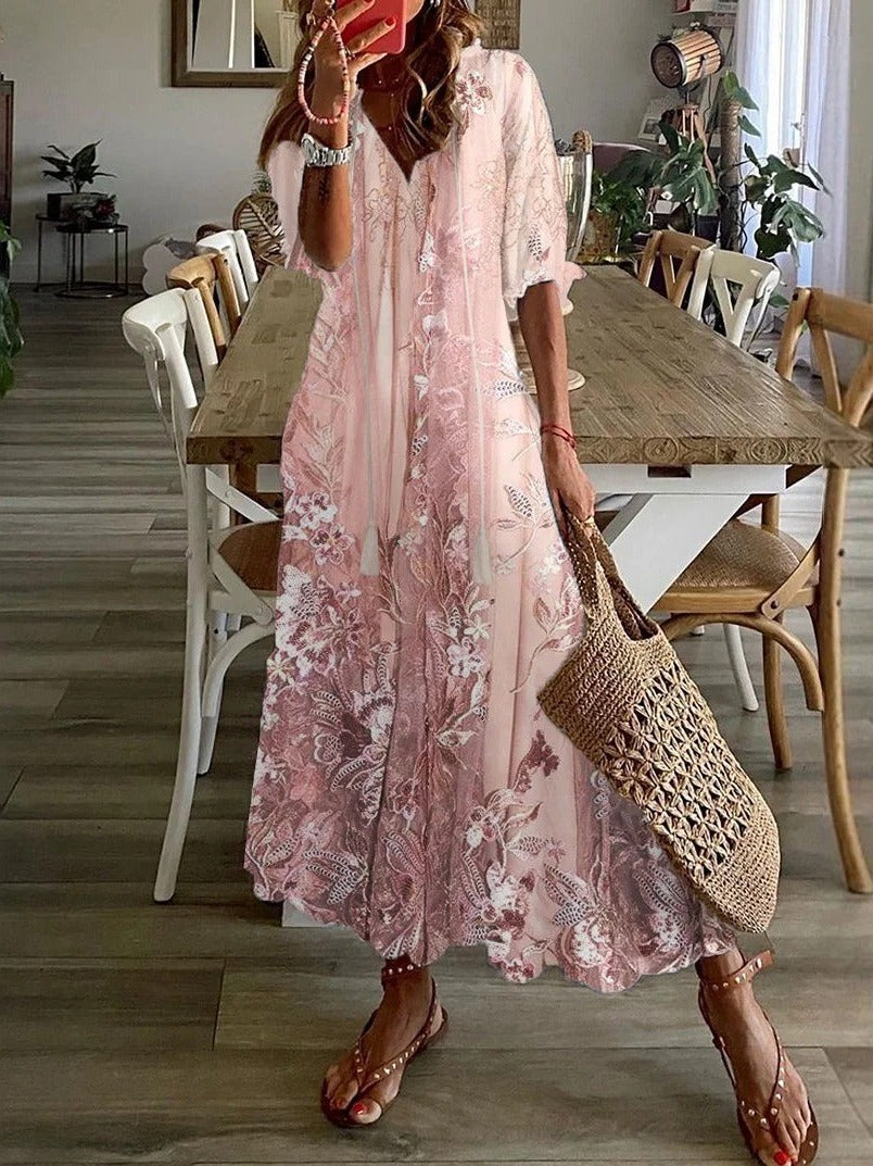 Lace Floral Print V-Neck Everyday Loose Half Sleeves Maxi Dress