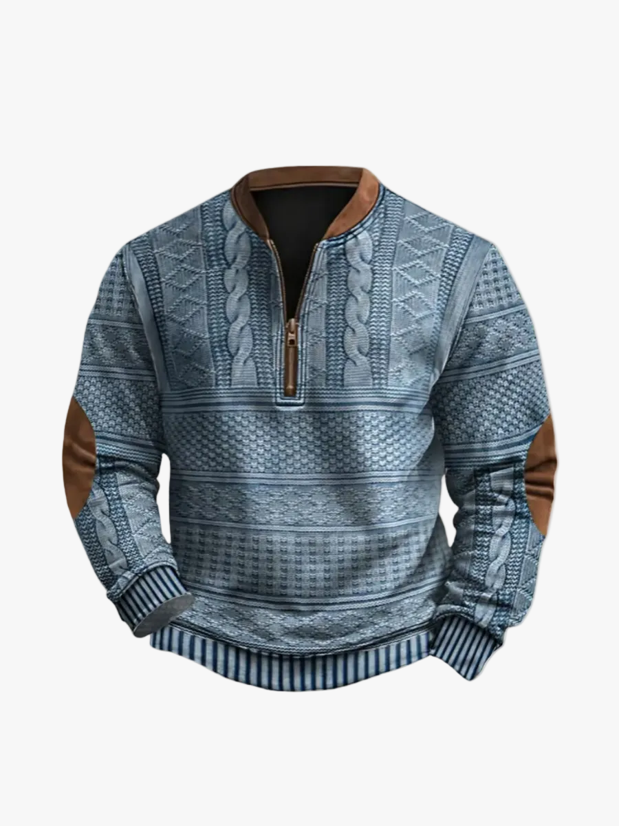 Men's Knit Sweater with Quarter Zip and Pattern Panels — Allyours Closet