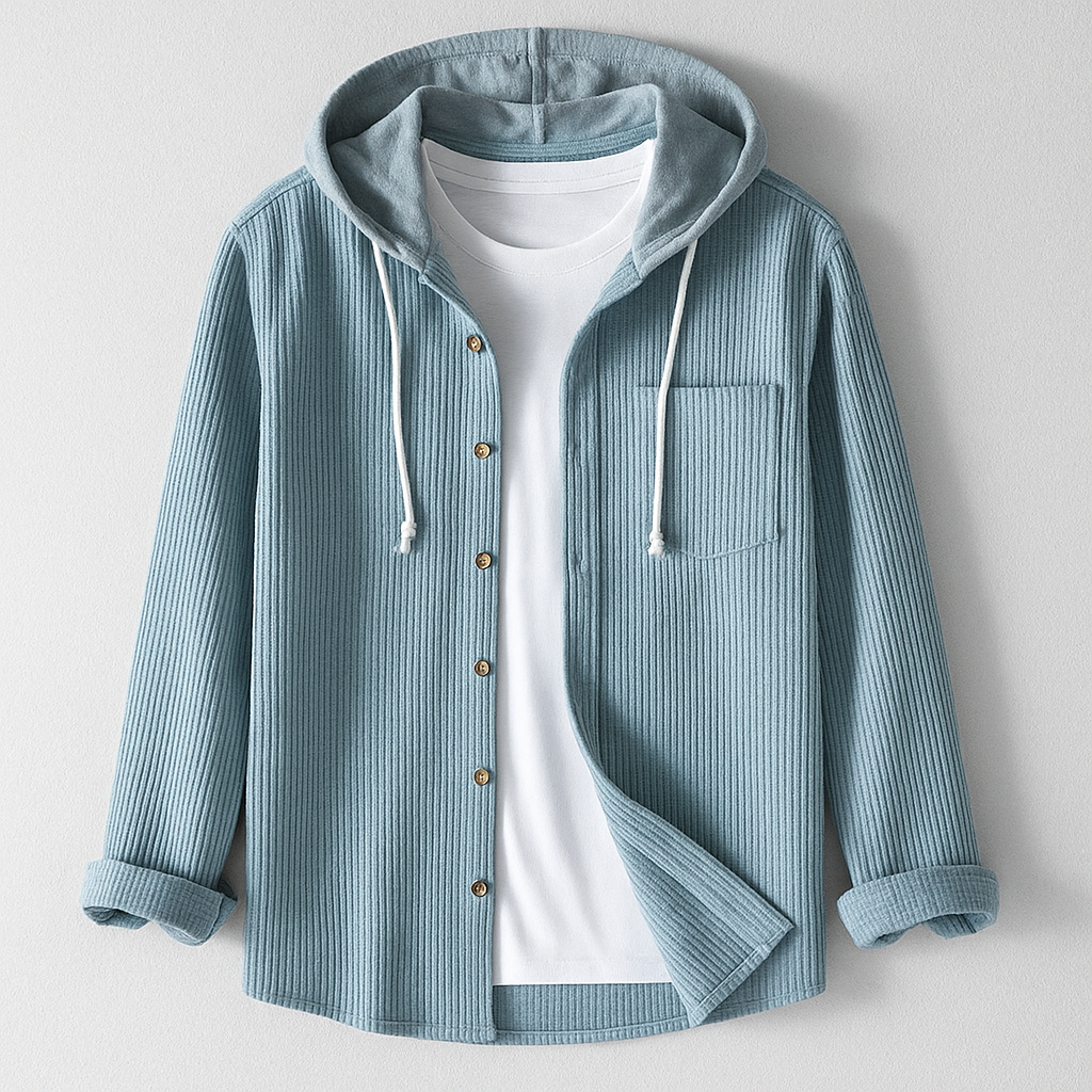 Men's Ribbed Knit Hooded Shirt with Button Front and Chest Pocket — Allyours Closet (view 2)