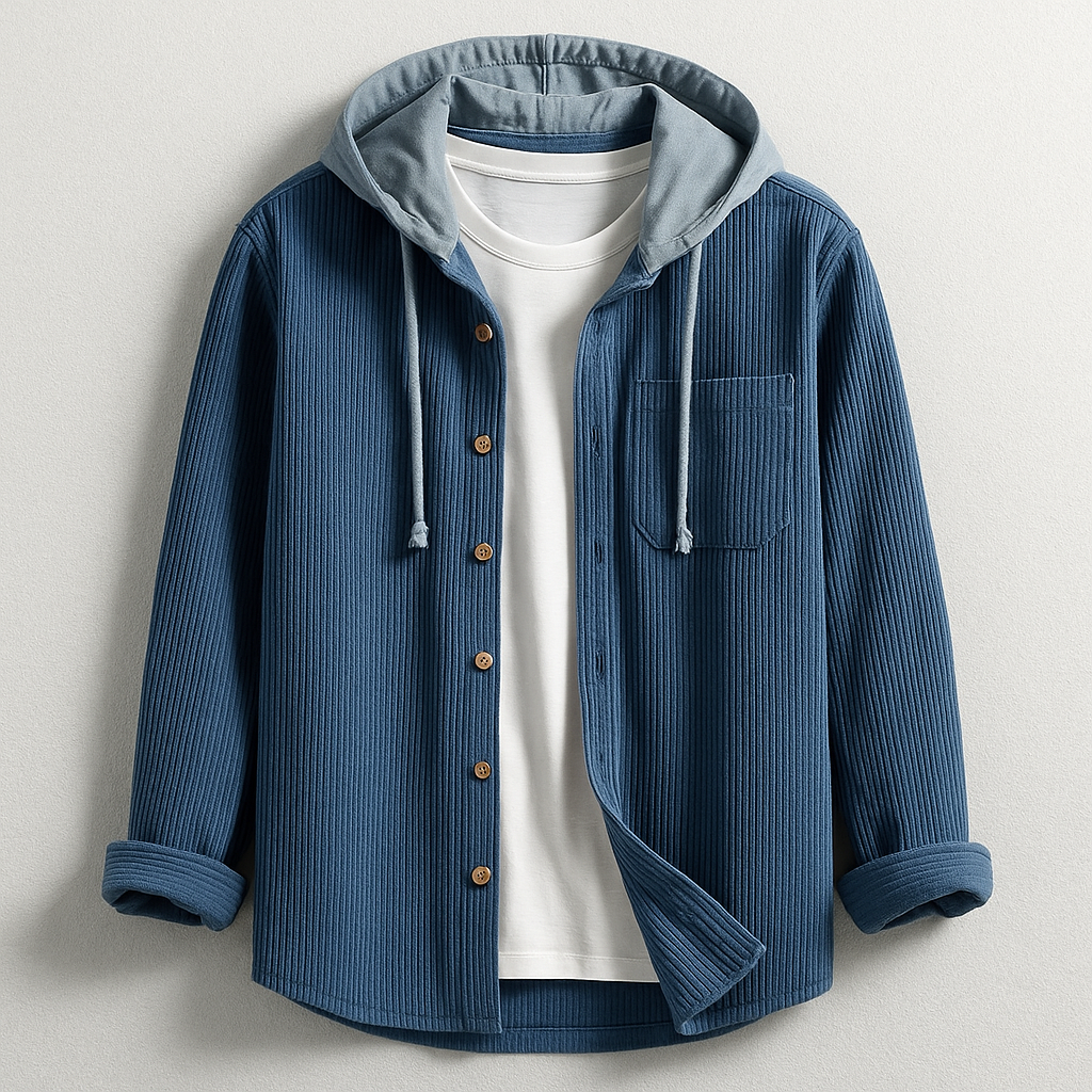 Men's Ribbed Knit Hooded Shirt with Button Front and Chest Pocket — Allyours Closet (view 3)