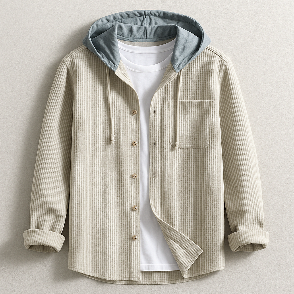 Men's Ribbed Knit Hooded Shirt with Button Front and Chest Pocket — Allyours Closet (view 4)