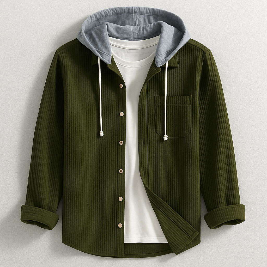 Men's Ribbed Knit Hooded Shirt with Button Front and Chest Pocket — Allyours Closet (view 5)