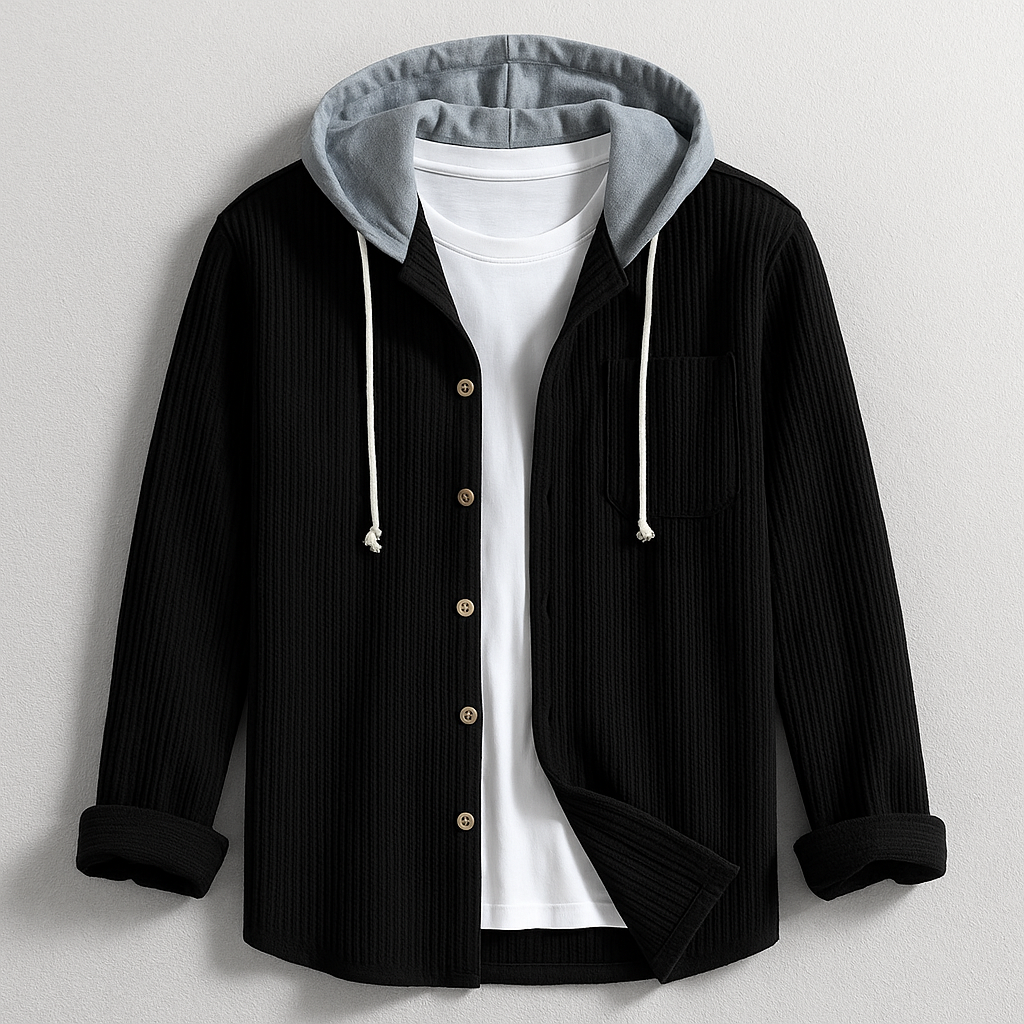 Men's Ribbed Knit Hooded Shirt with Button Front and Chest Pocket — Allyours Closet (view 6)