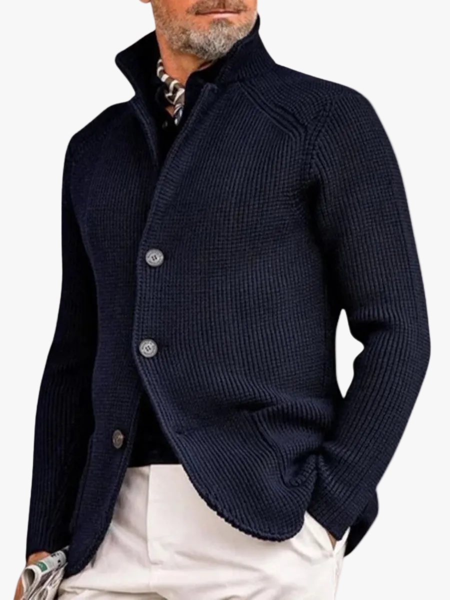 Men's Waffle-Knit Cardigan Sweater with Stand Collar and Button Front — Allyours Closet