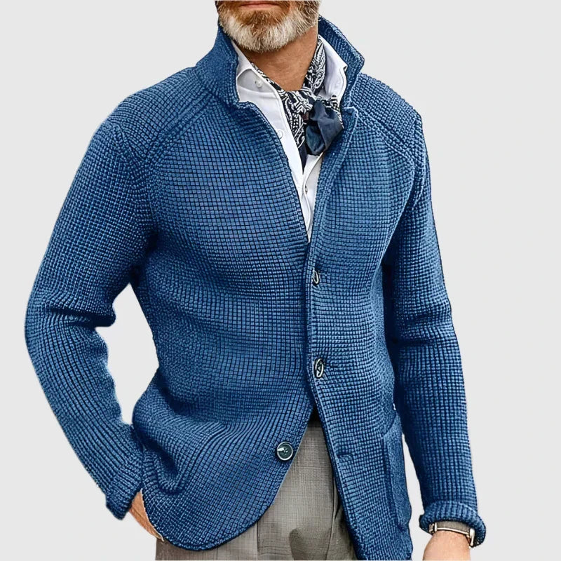 Men's Waffle-Knit Cardigan Sweater with Stand Collar and Button Front — Allyours Closet (view 10)