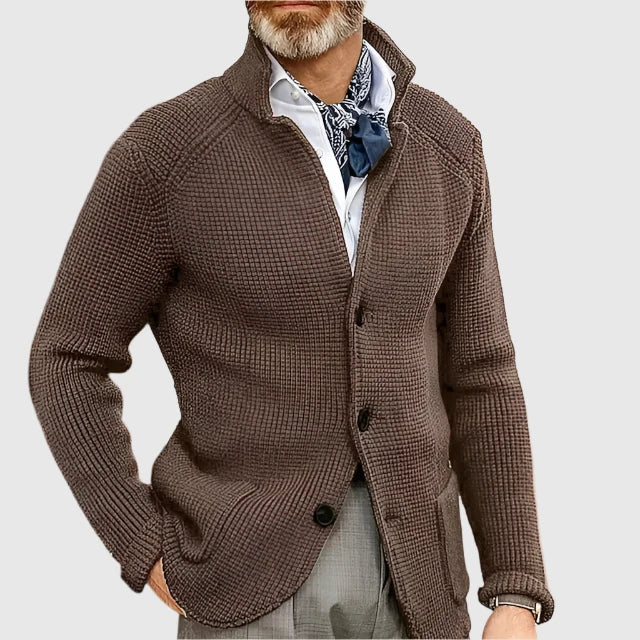 Men's Waffle-Knit Cardigan Sweater with Stand Collar and Button Front — Allyours Closet (view 11)