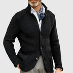 Men's Waffle-Knit Cardigan Sweater with Stand Collar and Button Front
