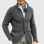 Men's Waffle-Knit Cardigan Sweater with Stand Collar and Button Front