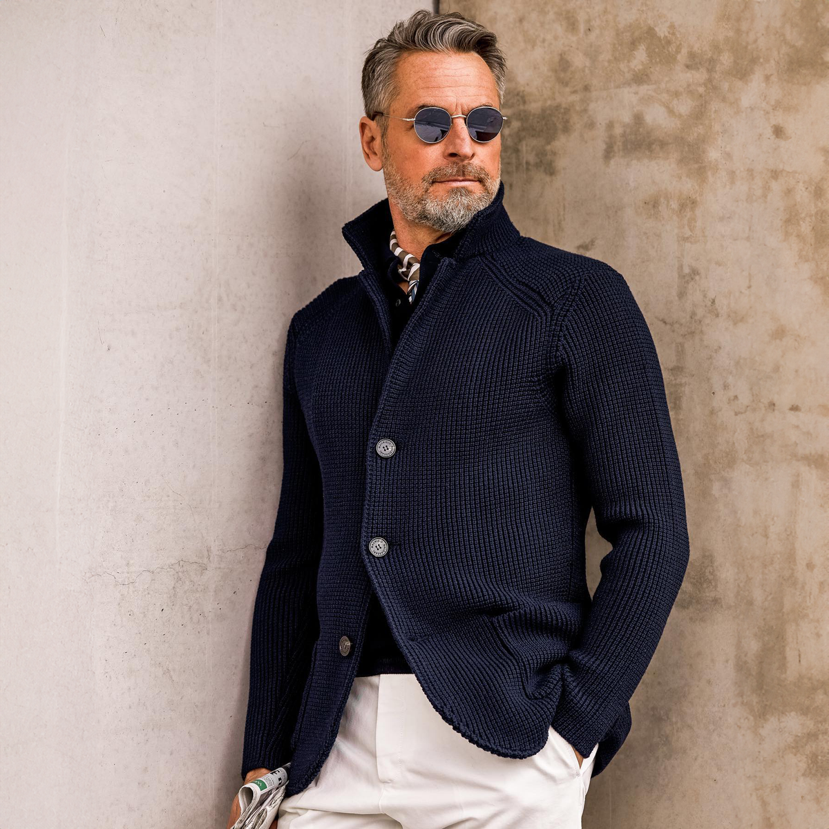 Men's Waffle-Knit Cardigan Sweater with Stand Collar and Button Front — Allyours Closet (view 2)