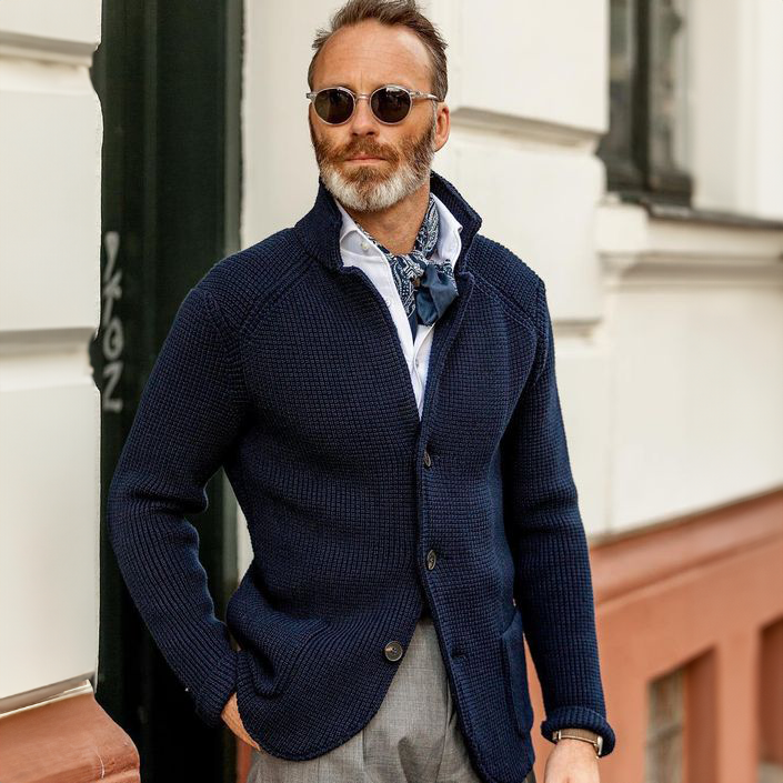Men's Waffle-Knit Cardigan Sweater with Stand Collar and Button Front — Allyours Closet (view 3)