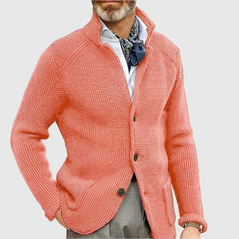 Men's Waffle-Knit Cardigan Sweater with Stand Collar and Button Front — Allyours Closet (view 6)