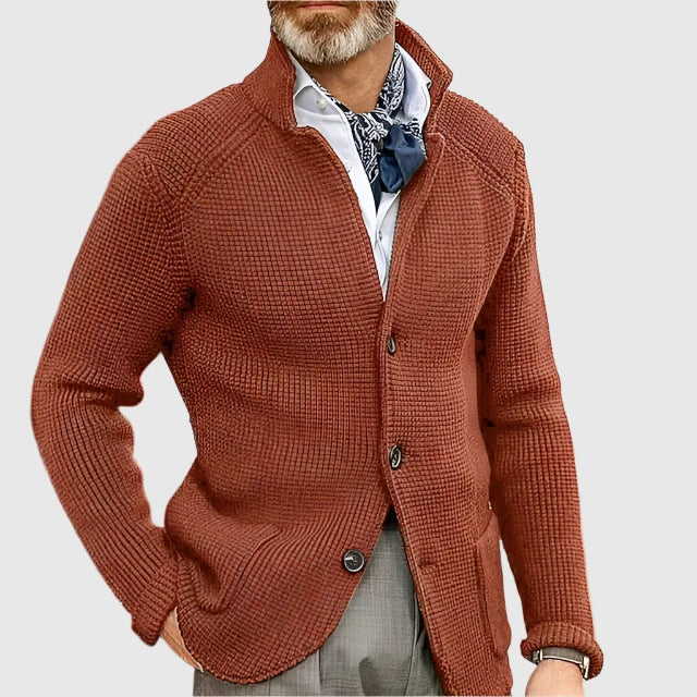 Men's Waffle-Knit Cardigan Sweater with Stand Collar and Button Front — Allyours Closet (view 7)