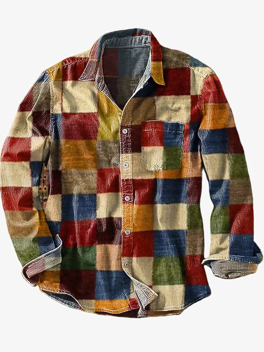 Men's Woven Button-Front Shirt with Patchwork Panels and Chest Pocket — Allyours Closet