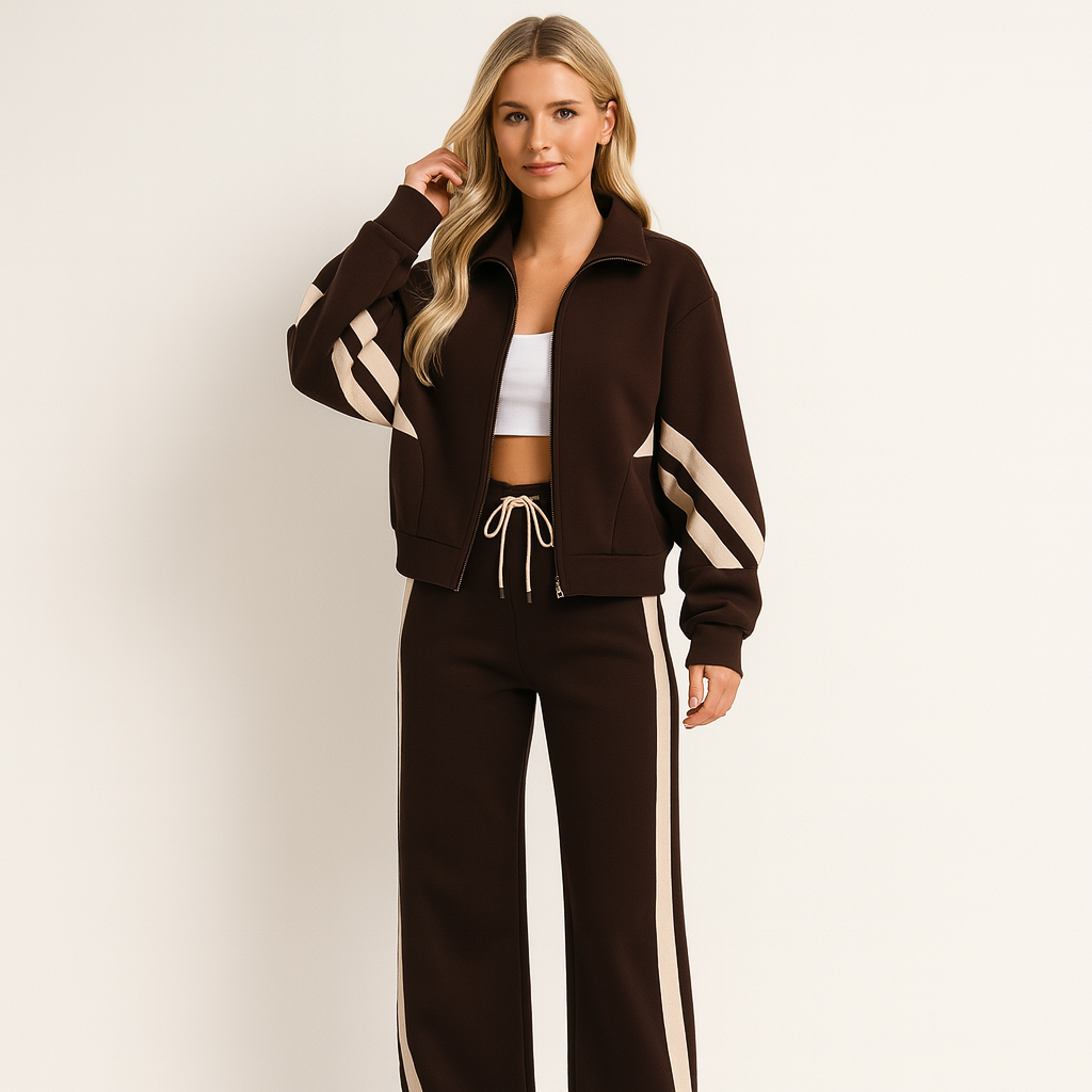 Two-Piece Knit Tracksuit Set with Zip Jacket and Side Stripes — Allyours Closet