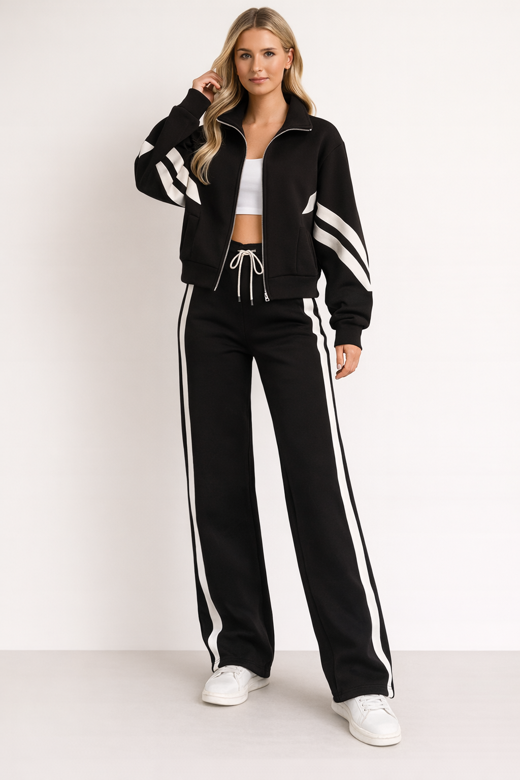 Two-Piece Knit Tracksuit Set with Zip Jacket and Side Stripes — Allyours Closet (view 2)