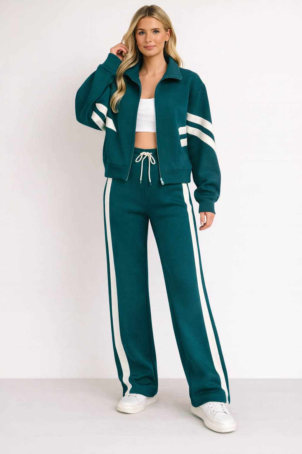 Two-Piece Knit Tracksuit Set with Zip Jacket and Side Stripes — Allyours Closet (view 3)