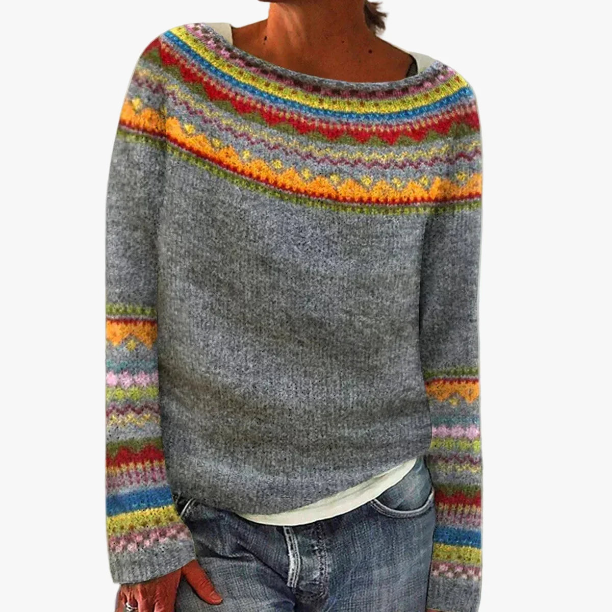Women's Casual Acrylic Sweater with Boat Neck and Nordic Yoke — Allyours Closet
