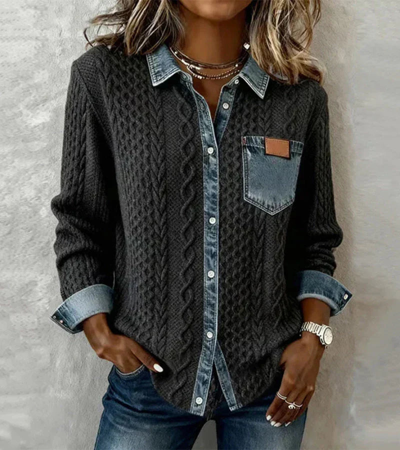 Women's Casual Knit Blouse with Button Front and Chest Pocket — Allyours Closet (view 3)