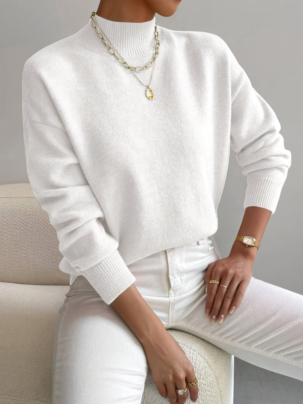 Women's Casual Knit Sweater with Turtleneck and Ribbed Trim — Allyours Closet (view 2)