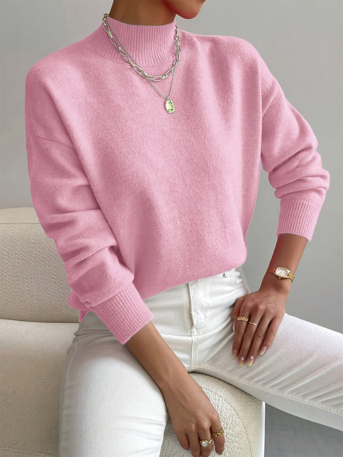 Women's Casual Knit Sweater with Turtleneck and Ribbed Trim — Allyours Closet (view 3)
