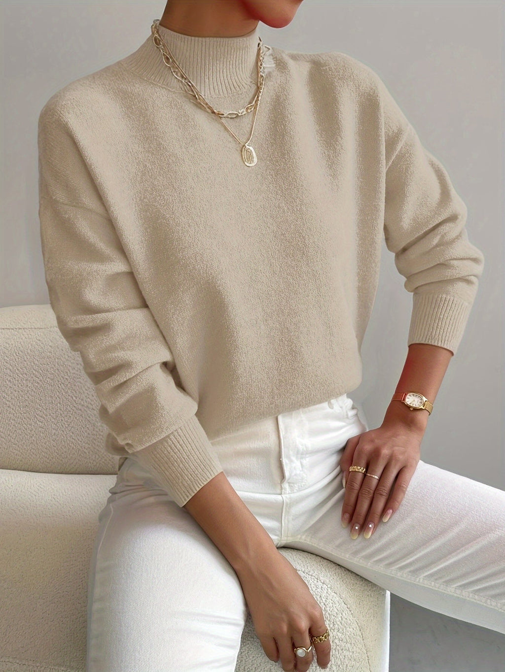 Women's Casual Knit Sweater with Turtleneck and Ribbed Trim — Allyours Closet (view 5)
