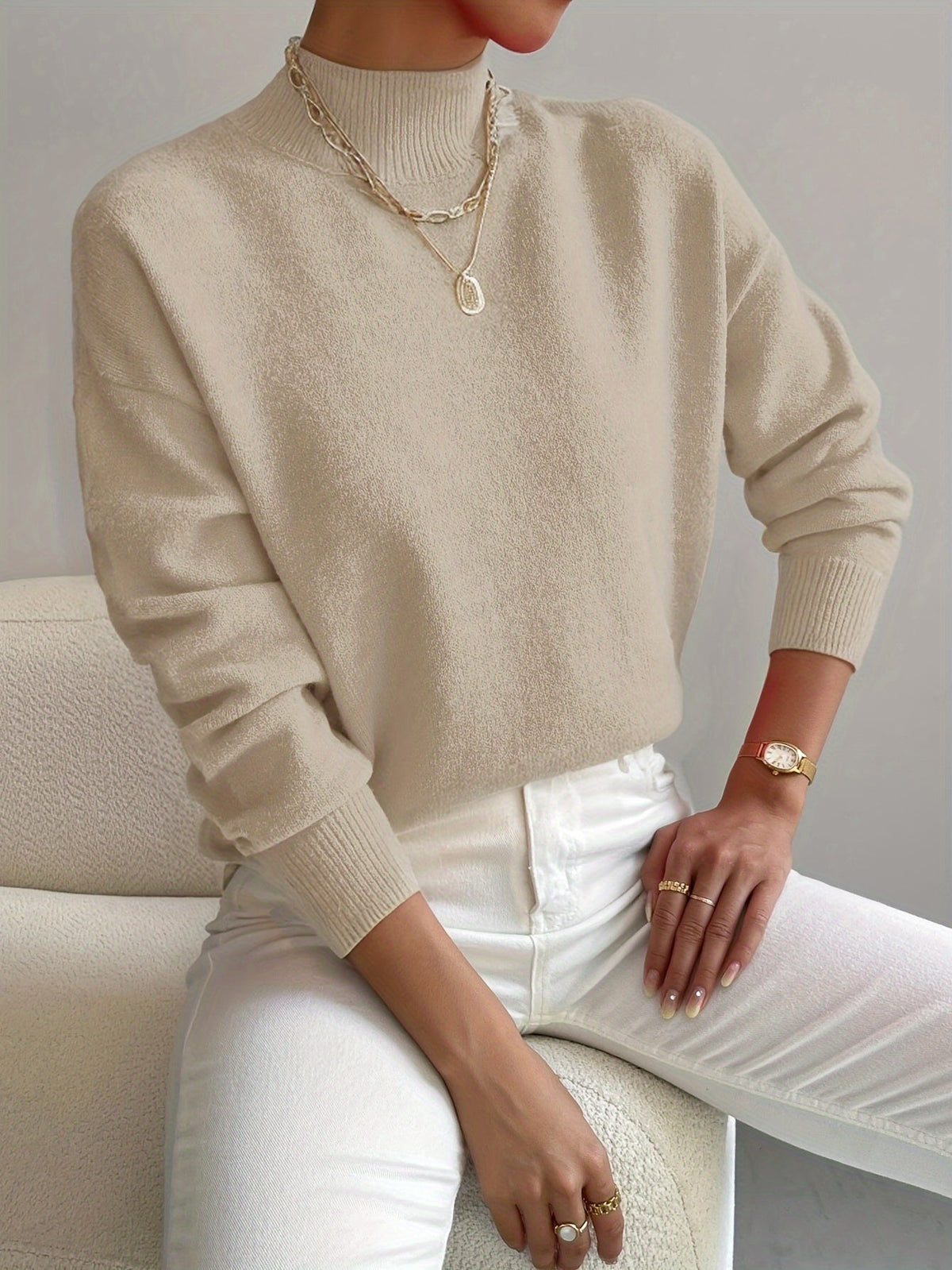 Women's Casual Knit Sweater with Turtleneck and Ribbed Trim — Allyours Closet (view 5)
