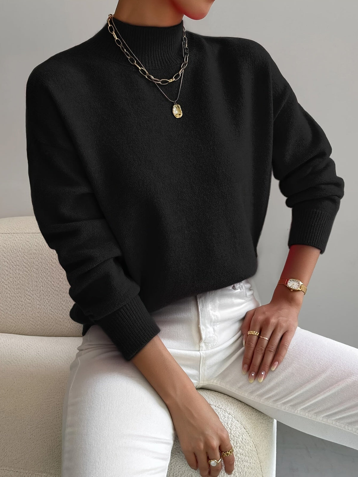 Women's Casual Knit Sweater with Turtleneck and Ribbed Trim — Allyours Closet (view 6)