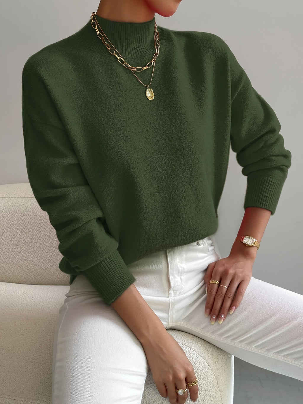 Women's Casual Knit Sweater with Turtleneck and Ribbed Trim — Allyours Closet (view 8)