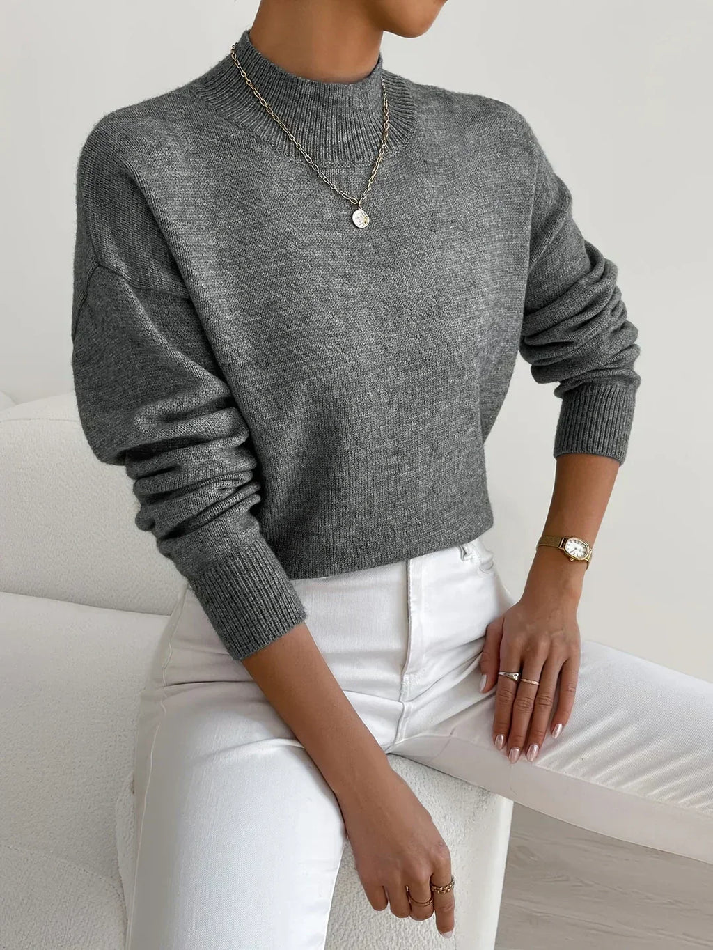 Women's Casual Knit Sweater with Turtleneck and Ribbed Trim — Allyours Closet (view 9)