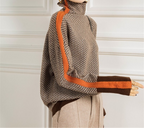 Women's Herringbone Knit Sweater with Turtleneck and Sleeve Stripes — Allyours Closet (view 2)