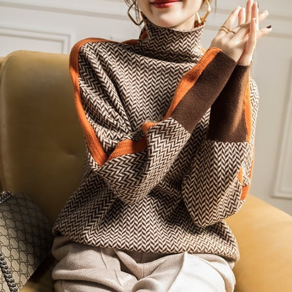Women's Herringbone Knit Sweater with Turtleneck and Sleeve Stripes — Allyours Closet (view 3)