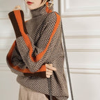 Women's Herringbone Knit Sweater with Turtleneck and Sleeve Stripes — Allyours Closet (view 4)